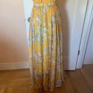 Floral Maxi Skirt Sz S Yellow Silk Chiffon Flowy Circle Skirt Formal Y2K *flaw